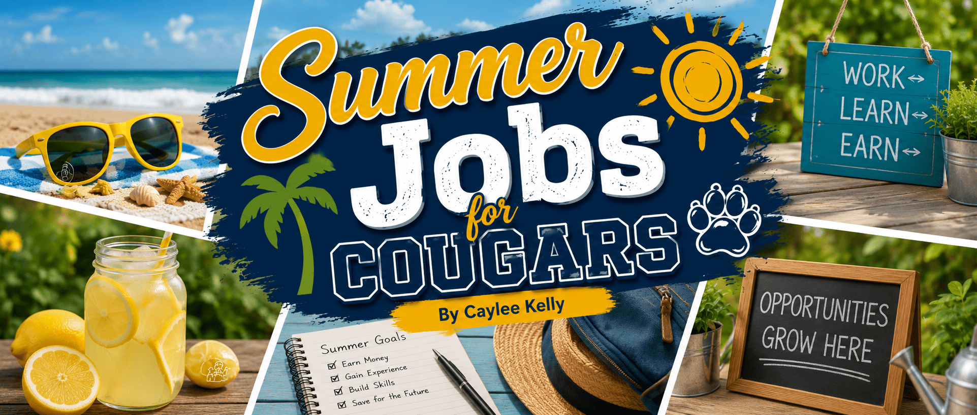 Promotional banner for 'Summer Jobs for Cougars' by Caylee Kelly, with a beach scene, bright title text, and motivational signs about work and opportunities.