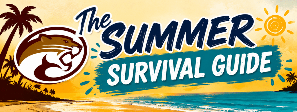 Banner with the title 'The Summer Survival Guide' over a teal brushstroke, featuring a tropical beach scene with palm trees and a bright suned sky.
