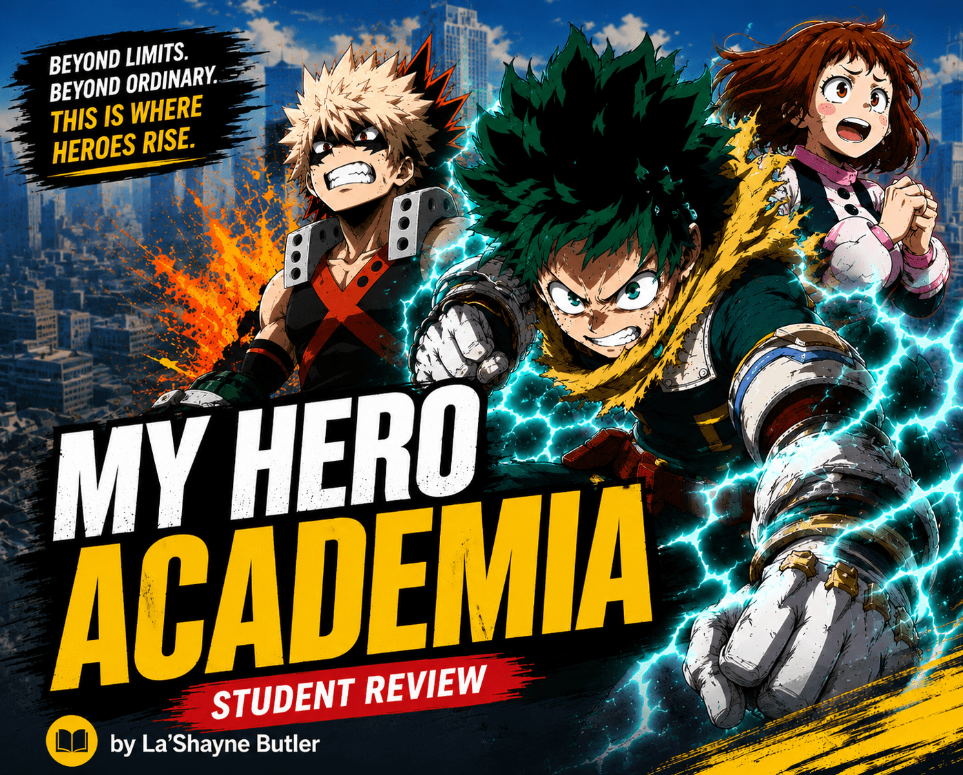 Colorful My Hero Academia poster with Deku charging forward, Bakugo behind, and a scared girl to the right, featuring bold title text 'My Hero Academia: Student Review'.