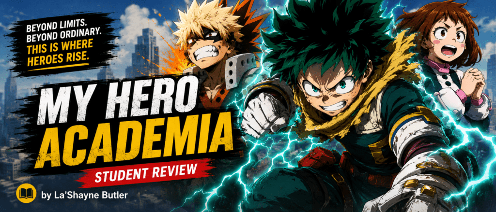 Banner for a My Hero Academia student review showing Deku charging forward, Bakugo behind him, and Uraraka on the right with bold title text.