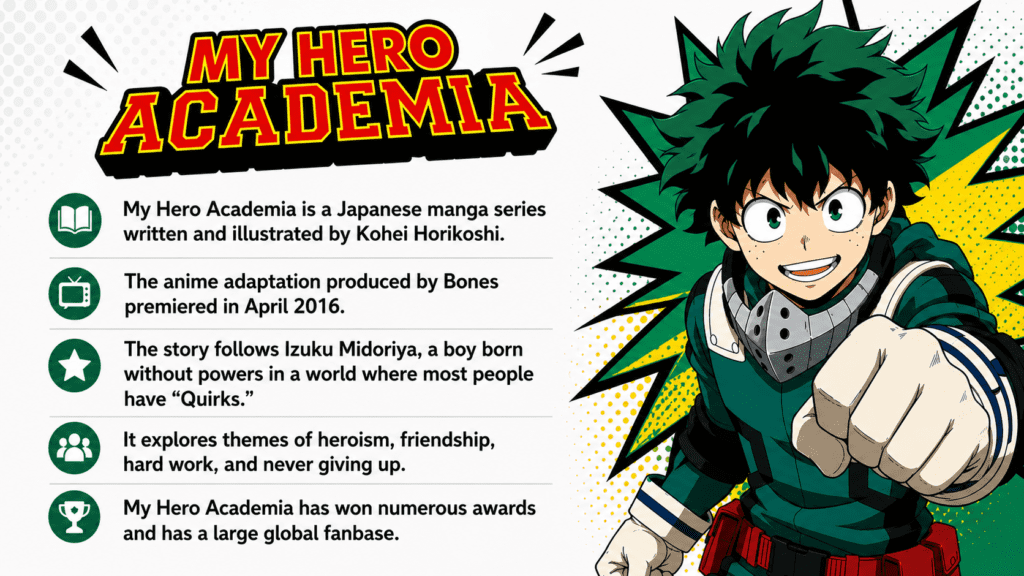 Banner for My Hero Academia: Izuku Midoriya charges forward on the right, while a left column shows five bulleted series facts with green icons.
