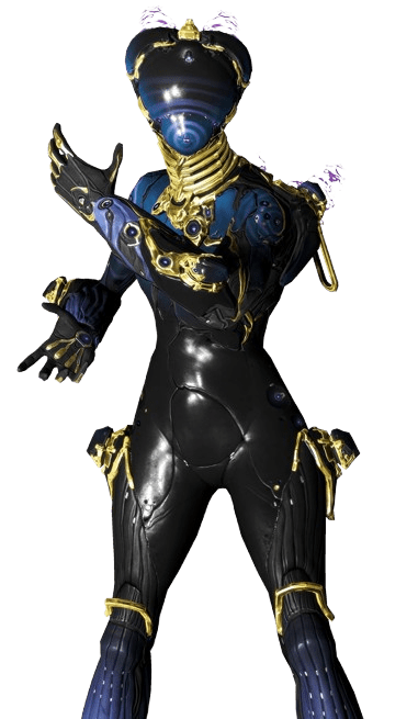 Futuristic armored humanoid in a black-blue-gold exosuit with outstretched arms, ready for action.