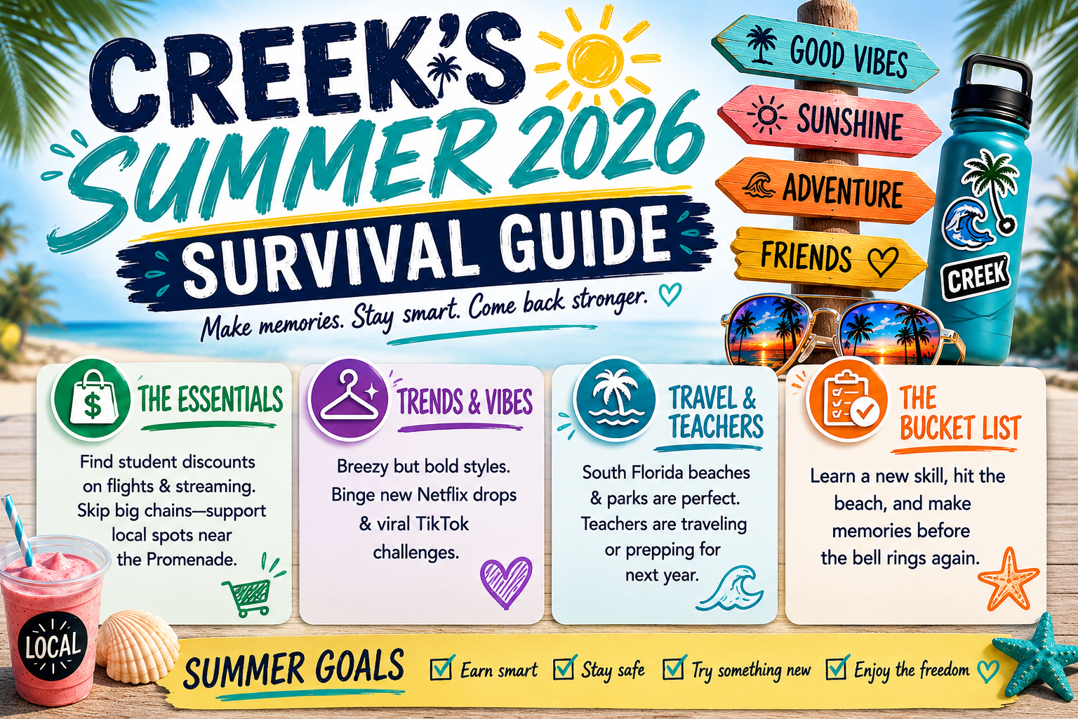 Colorful beach poster announcing Creek’s Summer 2026 Survival Guide with signpost arrows and four info cards.