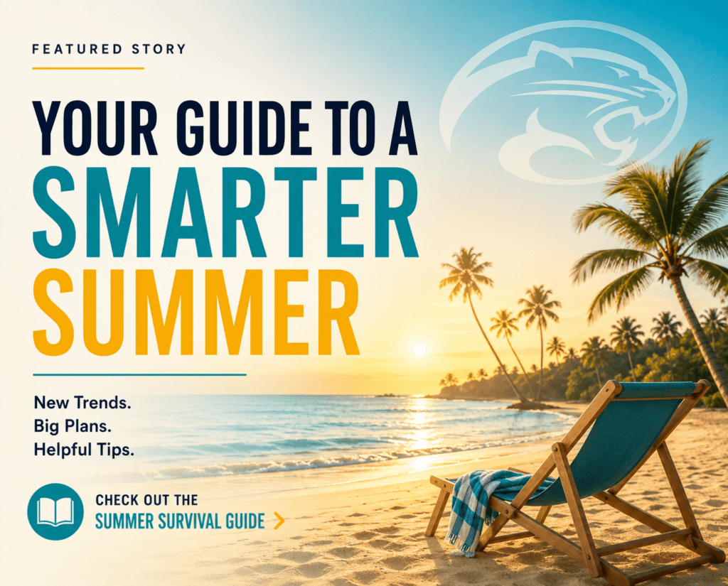 Promotional beach cover: 'Your Guide to a Smarter Summer' with sunset, palm trees, and a lounge chair inviting readers to the Summer Survival Guide.
