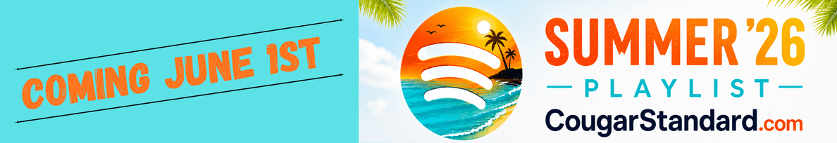 Banner ad: turquoise panel with diagonal 'Coming June 1st', a circular beach sunset logo, and 'Summer '26 Playlist' for CougarStandard.com