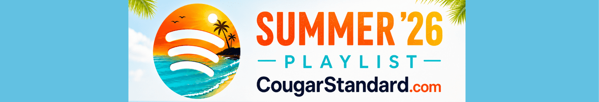 Banner promoting "SUMMER '26 PLAYLIST" from CougarStandard.com with a circular sunset/ocean Spotify-style logo