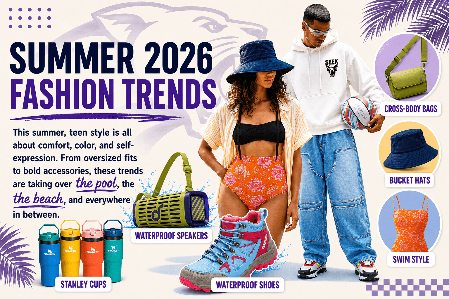 Collage advertising Summer 2026 fashion trends with models in beachwear and labeled products (waterproof speakers, swimwear, bags, hats, shoes).