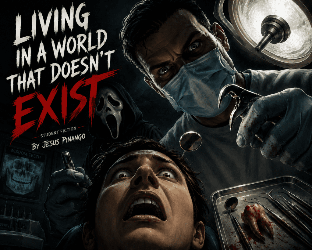 Book cover for a horror story: a surgeon in a mask looms over a terrified patient with a tray of bloody surgical tools; eerie figure in background.