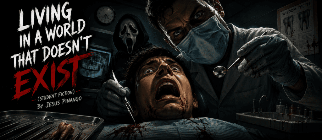 Horror-style book cover scene: a surgeon in a mask and gloves leans over a terrified patient screaming as tools are laid out on a blood-stained tray in a dark, claustrophobic OR. The title 'Living a World That Doesn’t Exist' is written in bold, jagged letters on the left.